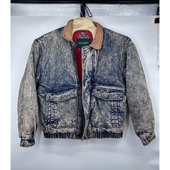 VTG Hill & Archer Trucker Jacket Acid Wash Denim‎ Leather Collar Mens XL Zip - Picture 1 of 10
